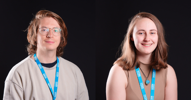 Two young people wearing UCEN Manchester blue lanyards