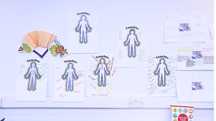 A wall with human figure printouts with the word teacher