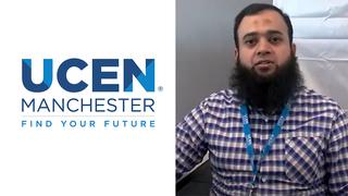 On the left is the UCEN Manchester logo. On the right is an image of Umar looking into the camera, wearing a blue and white checked shirt.